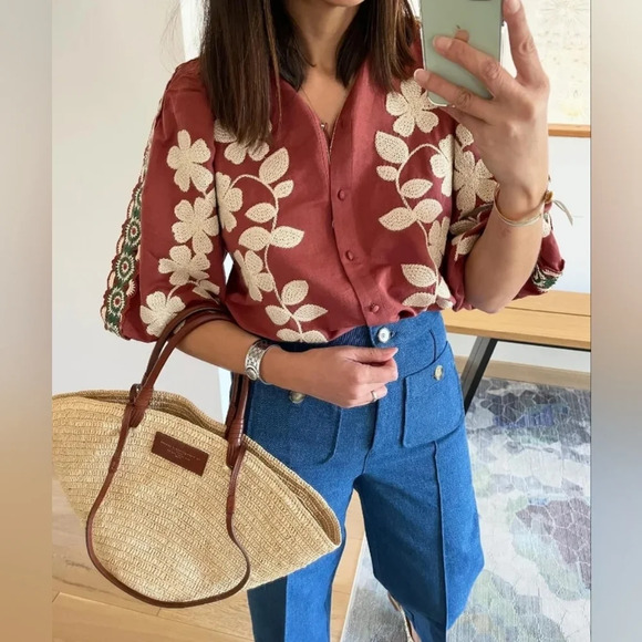 Bornladies Tops - Retro flower embroidery blouse Small